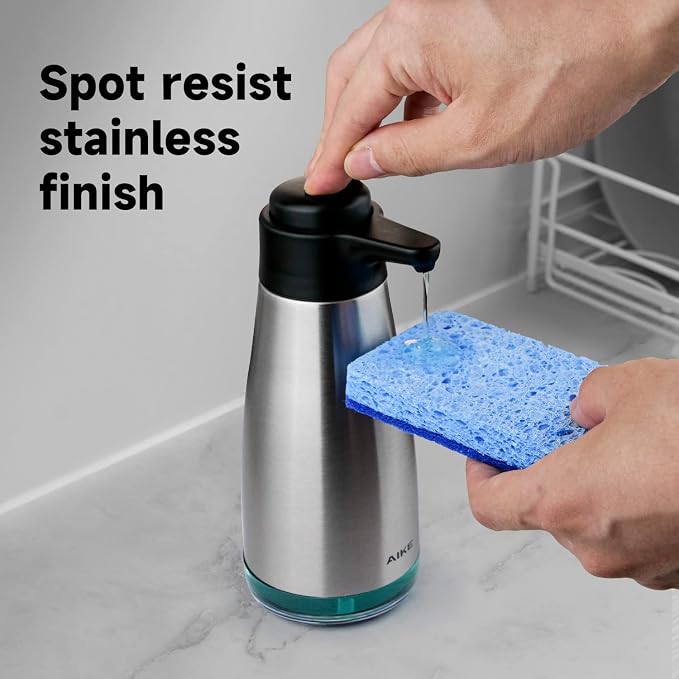 AIKE 15oz Liquid Soap Dispenser for Dish and Hand Soap Stainless Finish | Easy Push Durable Pump, No-Slip Base with Clear Liquid Window, Easy Refill Wide Opening, for Kitchen Sink and Bathroom