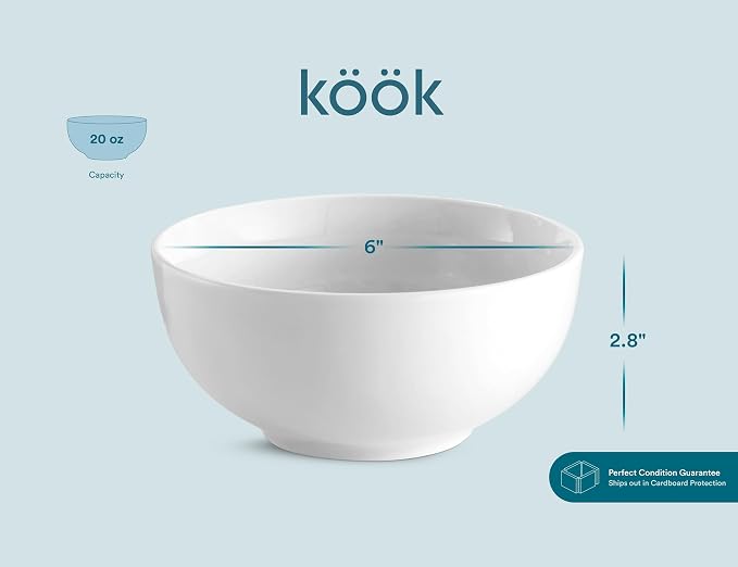 KooK Ceramic Cereal Bowls, Microwave, Dishwasher and Freezer Safe, Porcelain Dishes for Soup, Pasta, Salad, Oatmeal, Deep Interior, 24 oz, Marshmallow White (4)