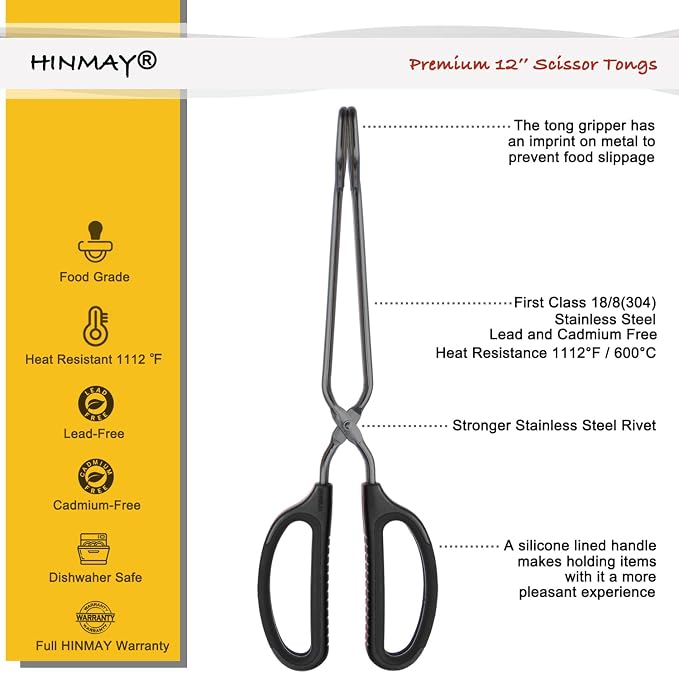 HINMAY 12" Stainless Steel Scissor Tongs with Comfort-Grip Handle (Black)