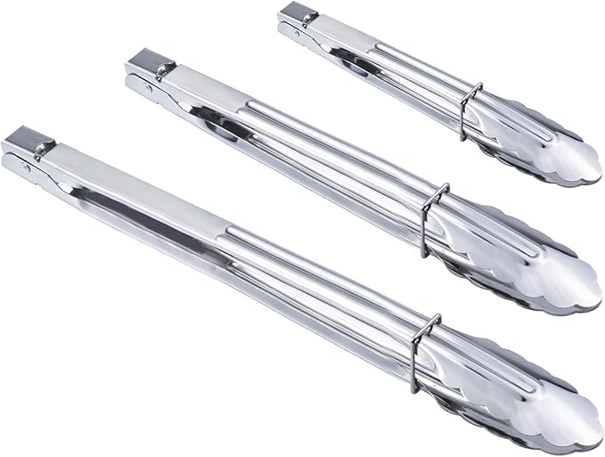 HINMAY Stainless Steel Food Tongs Metal Tongs Set (9 12 14 Inch 3 Pieces) | Utility Spring Locking Tongs for Serving Cooking Grilling and Barbeque