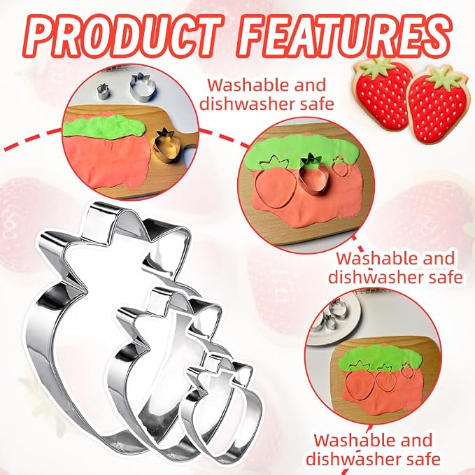 Strawberry Cookie Cutter Set,3PCS(3.5,2.5,1.5Inch) | Strawberry Shaped Cutters for Cookies,Fondant,Clay cutter, Baking Decorating Tools (Metal)