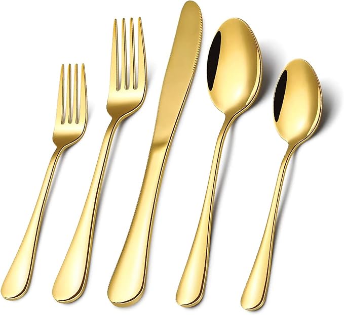 Gold Silverware Flatware Set for 8, 40 Piece Stainless Steel Cutlery Set With Titanium Golden Plated, Tableware Kitchen Utensil Include Spoons, Forks, Knives, Mirror Polished, Dishwasher Safe