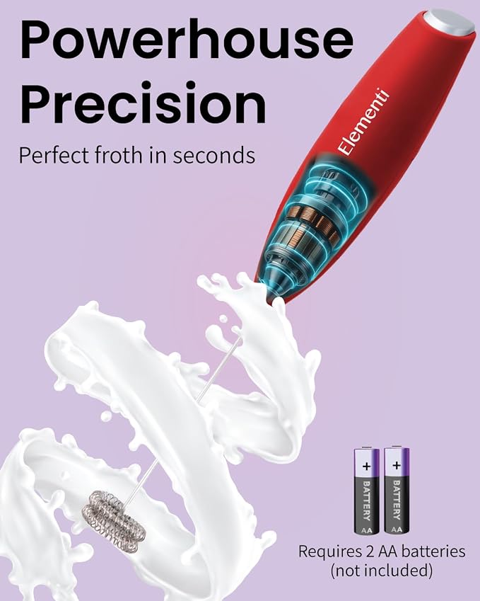 Elementi Milk Frother Wand - Easy to Use Handheld Electric Stirrer for Powder Drinks, Durable & Powerful Coffee Whisk & Protein Powder Mixer Wand, Hand Frother, Coffee Stirrers Electric (Red)