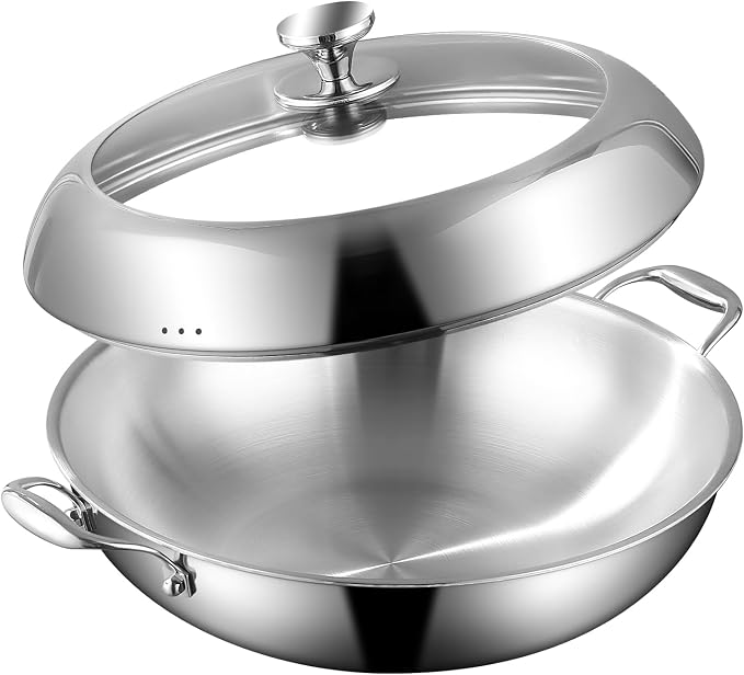 DELARLO Tri-Ply Stainless Steel Wok Pan with Lid 14inch, Healthy Non-Toxic Flat Bottom Induction Wok, Stir Fry Pan for Glass Top Stove Up to 600℉(Not Including Lid
