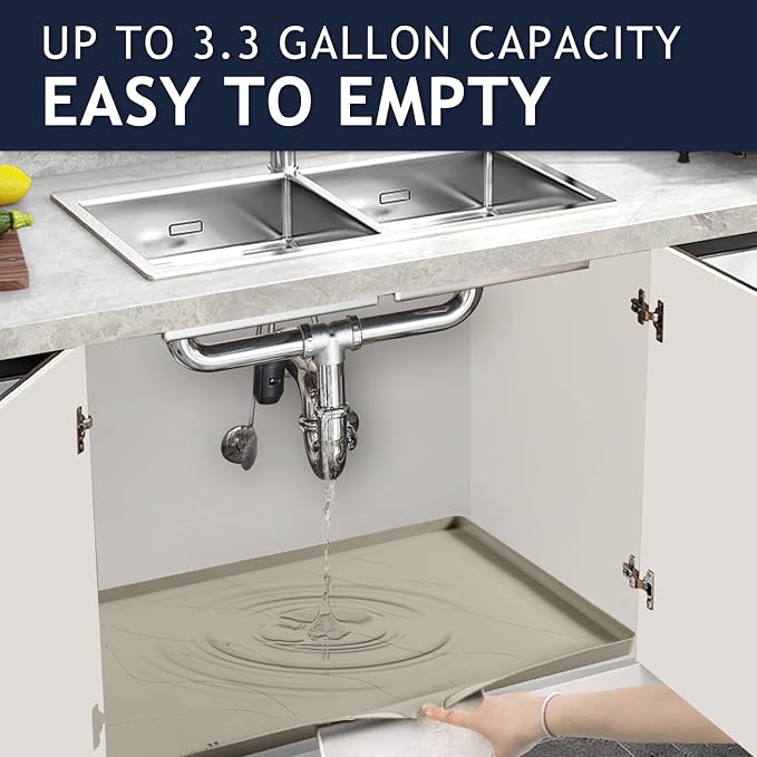 Heavy Duty Silicone Under Sink Mats for Kitchen Waterproof 34" x 19", Extra Thick Under Sink Rubber Mat Drip Tray, Raised Edge Under Sink Liner,Prevent Drips, Leaks, Spills,Brown