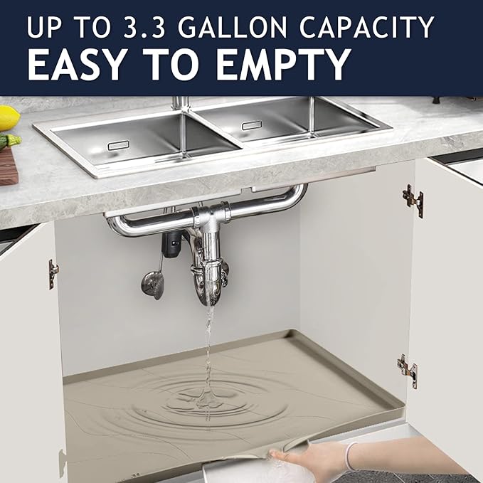 Heavy Duty Silicone Under Sink Mat for Kitchen&Bathroom 22" x 19", Waterproof Under Sink Rubber Mat Drip Tray, Raised Edge Under Sink Liner,Prevent Drips, Leaks, Spills,Brown