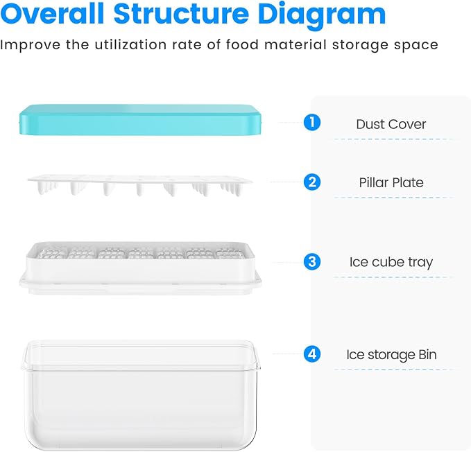 Ice Cube Tray with Lid and Bin, Easy Release 28 Cubes for Freezer | Food-grade BPA-free PP and ABS. Ice cubes for fruit, cocktails, iced coffee. Space-saving stackable with scoop