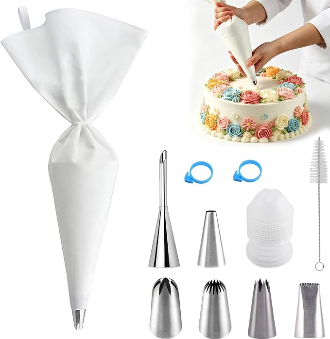 USHYMJT Piping Bags and Tips Set, 11pcs Cotton Pastry Bags with Stainless Steel Nozzles, Coupler and Cleaning Brush, Baking Decorating Kit for Cake Cupcake Cookie Frosting Decor(11)