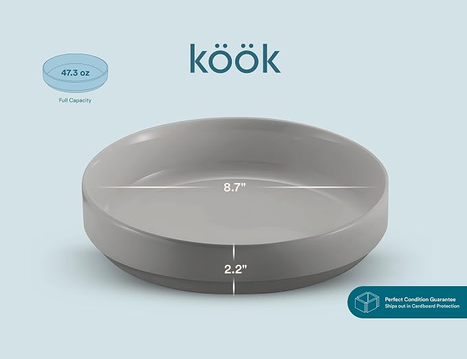 KooK Ceramic Large Pasta Bowls, Microwave and Dishwasher Safe, Great for Soups and Salads, Shallow Serving Bowls, Glossy Porcelain, 47 oz, Set of 4, Powder Grey