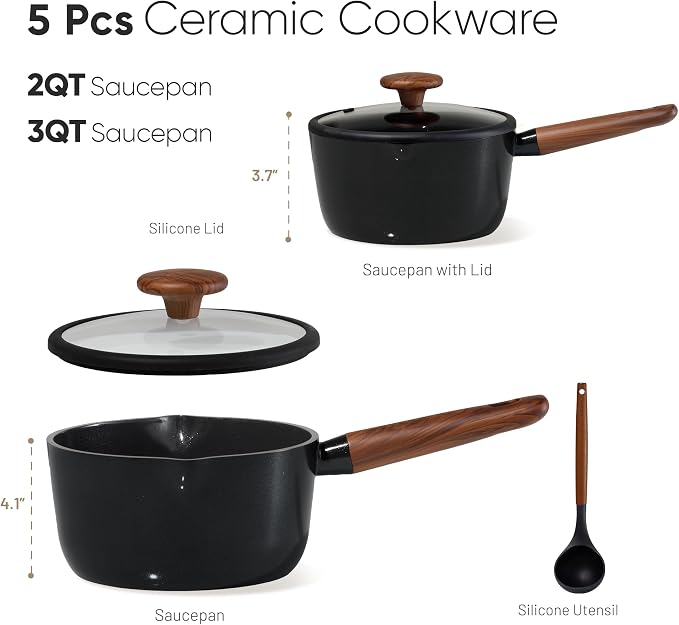 CAROTE 2QT & 3QT Sauce Pan Sets with Lid & Ladle Ceramic Nonstick Pot Set Non Toxic Saucepan Small Kitchen Cooking Pots, Easy to Clean, Induction Comptable, PFAS PTFE Free, Black