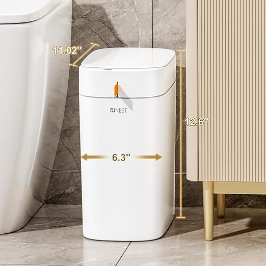 3.5 Gal Rechargeable Motion Sensor Bathroom Trash Can with Lid, Bag Suction | Water-resistant design, automatic liner suction and hands-free opening for bathrooms, bedrooms, kitchens and offices