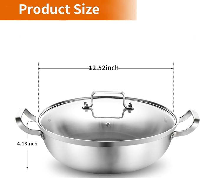 Delarlo Tri-Ply Stainless Steel Hot Pot 14 inch Everyday pan With lid, Everything Pan, Durable Deep Saute Pan, 7QT Induction Cooking Pot,Woks & Stir-Fry Pans Oven Safe Stock Pot