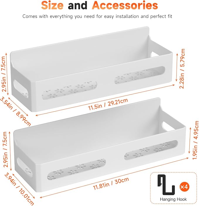 2-Pack Magnetic Spice Rack for Refrigerator with Hooks, White | Strong multipurpose magnetic shelf for kitchen & bathroom organization. Includes 4 removable hooks for hanging items.