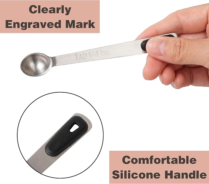 1Pack Small Measuring Spoon Set with Black Silicone Grip | Food-Grade Stainless Steel, High Precision, Dishwasher-Safe, Easy-Read Markings, Multi-Purpose, Lightweight & Durable