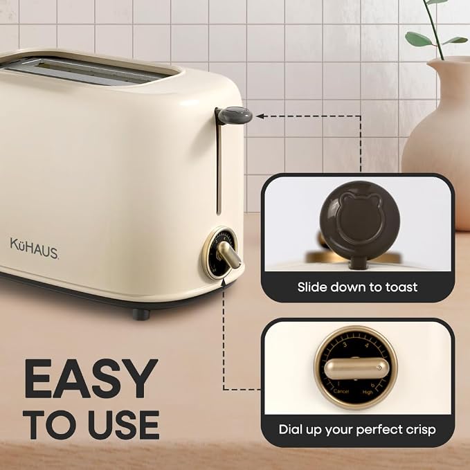 KuHAUS Retro 2 Slice Toaster, 6 Browning Control, Dust Cover, Removable Crumb Tray, Cord Storage, Vintage Design for Bread & Waffles (Ivory)