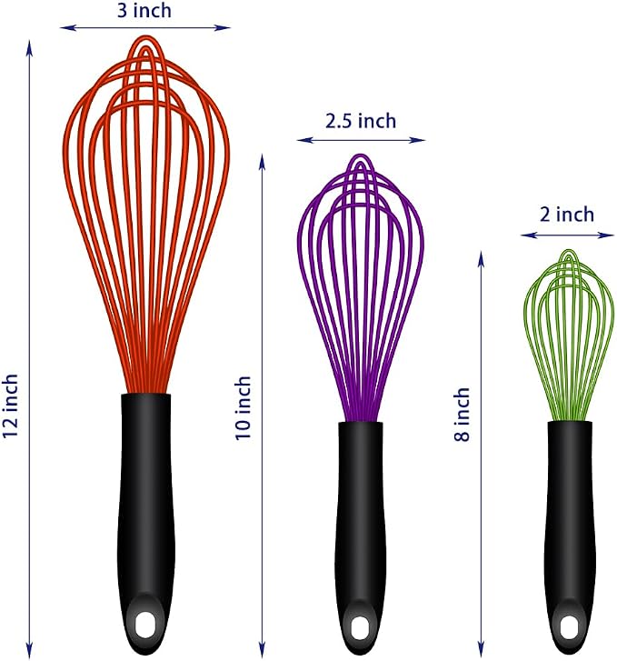 OYV Silicone Whisk Set of 3, 8/10/12 Inch, Dishwasher Safe,Red/Purple/Green | Sealed Waterproof Handles, Non-Scratch Silicone-Coated Wires, Nonstick-Safe, Durable Stainless Steel Cores, Easy To Clean