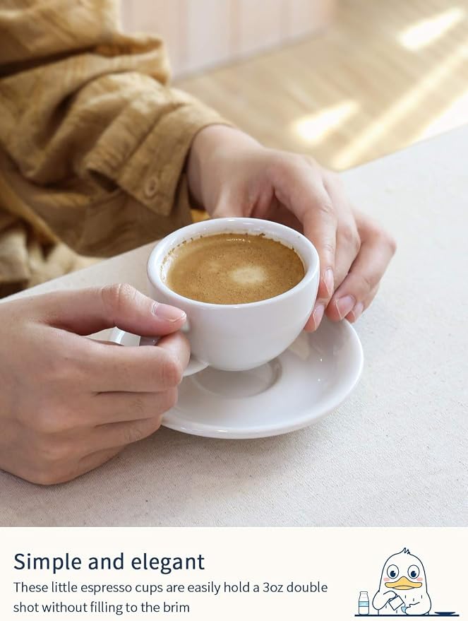 LE TAUCI 3 oz Espresso Cups with Saucers, Set of 4 Ceramic Demitasse Cup and Saucer Set for Double Espresso Shot, Lungo, Ristretto, Embossed Coffee Cups, White