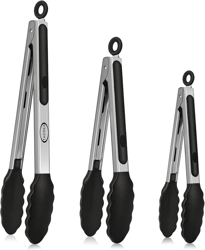 Stainless Steel Kitchen Tongs with Silicone Tips, Locking Grilling Food Tongs, 7" 9" and 12", Set of 3 Black
