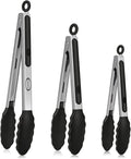 Stainless Steel Kitchen Tongs with Silicone Tips, Locking Grilling Food Tongs, 7" 9" and 12", Set of 3 Black