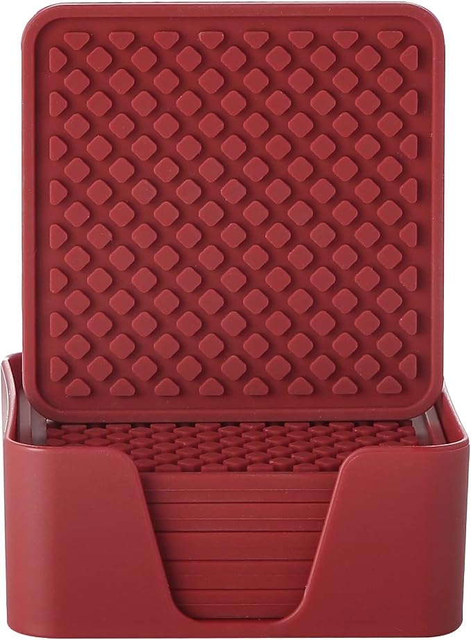 Colinda Silicone Drink Coasters with Holder, Set of 6, for Tabletop Protection and Office Desk, Cup Mat Set for Home Decor, Non-Slip and Non-Stick,Square, 4 Inch,Merlot Red