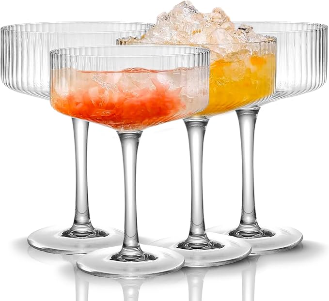 Qipecedm® 4 Pcs Ribbed Coupe Glasses, 10 oz Vintage Coupe Glass Set, Unique Martini Glass, Classic Cocktail Galssware, Bar Drinking Glasses Set Pefect for Cocktail, Wine, Champagne & Gift