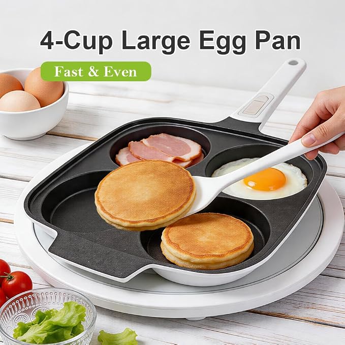 RANX INGST 4-Cup Egg Pan Nonstick with Lid 10 Inch Large Pancake Pan, White | Detachable Handle, Omelette Skillet Induction Compatible for Breakfast