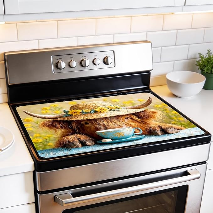 Highland Cow Stove Top Cover 28x20 Inch Farmhouse Electric Stove Cover | Heat Resistant Cooktop Protector Mat with Non-Slip Backing, Scratch Protection and Countertop Drying Mat.