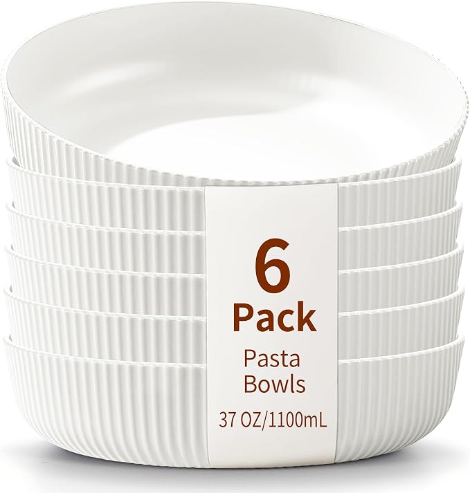 HOMQUEN Pasta Bowls Set of 6, 37oz Salad Bowls White Soup Bowls, Large Pasta Serving Bowls, Unbreakable Plastic Dinner Bowls, Dinnerware Sets,Valentines Day Gift, Dishwasher Safe (White)