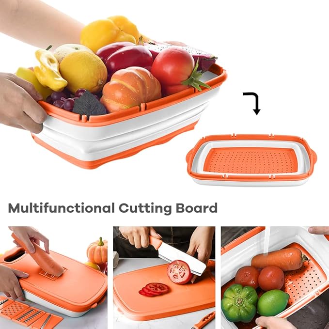 Gintan Camping Cutting Board, 9-in-1 Collapsible Chopping Board with Colander, Kitchen Vegetable Washing Basket for Camping, Camping Gifts Camping Accessories for RV Campers (orange)