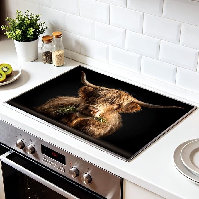 Highland Cow Stove Top Cover, Farmhouse Kitchen, 28x20 in | Photorealistic highland cow close-up on black; non-slip washable mat; protects glass and electric cooktops; 28.4 x 20.5 in