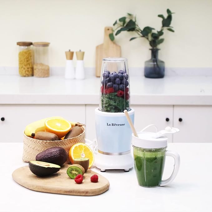 La Reveuse Personal Smoothie Blender, 7 Pieces Set, 250W, Sky Blue | for Shakes Smoothies Dips Sauces, BPA-free, Push to Blend, (1) 15oz Cup, (1) 10oz Mug, Dishwasher Safe, Compact, LARB1825