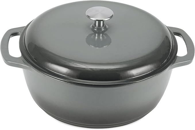 Amazon Basics Enameled Cast Iron Dutch Oven Pot with Lid, Round, Dual Handles, Heavy-Duty, Oven Safe for Stews, Roasting, Baking, 7.3-Quart, Gray