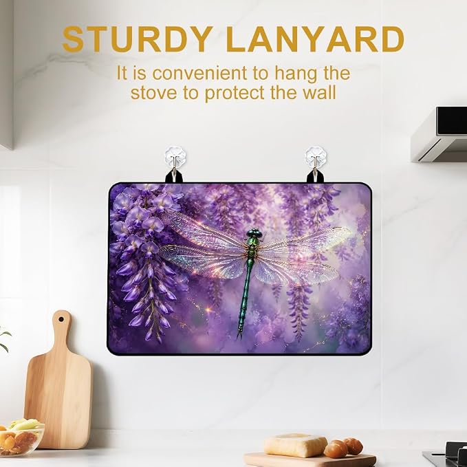 Dragonfly Wisteria Stove Top Cover for Electric Gas Glass Stove | Purple dragonfly wisteria kitchen decor; non-slip stovetop cover, glass cooktop noodle board, whimsical floral counter mat