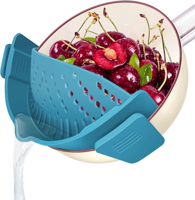 YEVIOR Clip on Strainer for Pots Pan Pasta,Silicone Food Pan Strainer | Food-grade BPA-free,Kitchen Food Strainer for Spaghetti, Pasta,Vegetable Fruits Fits All Bowls and Pots (Teal)