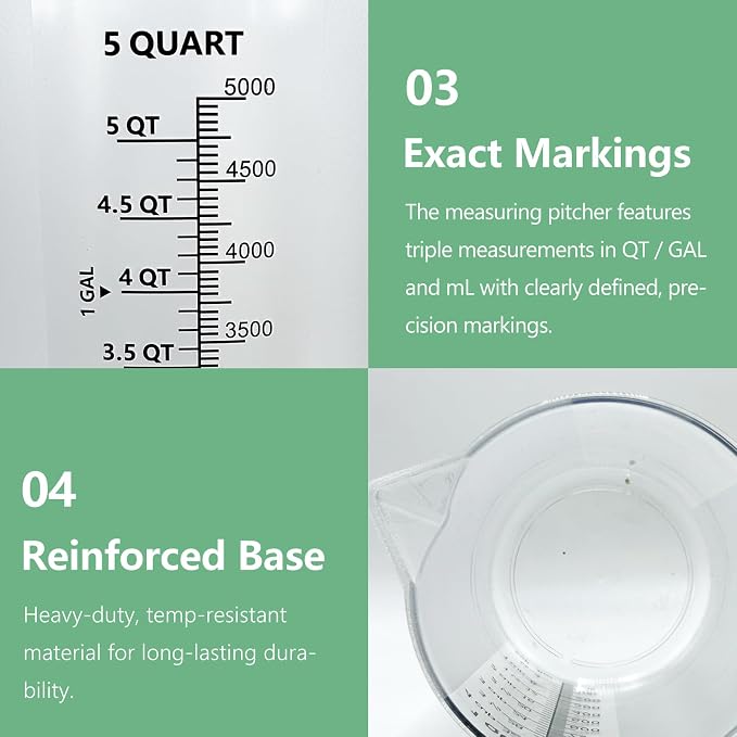 1 Gallon / 5 Quart / 5000 ml Large Plastic Measuring Pitcher with Handle, Clear Heavy Duty Mixing Pitcher with mL/QT/GAL Markings for Garden, Pool Chemicals, Motor Oil & Kitchen