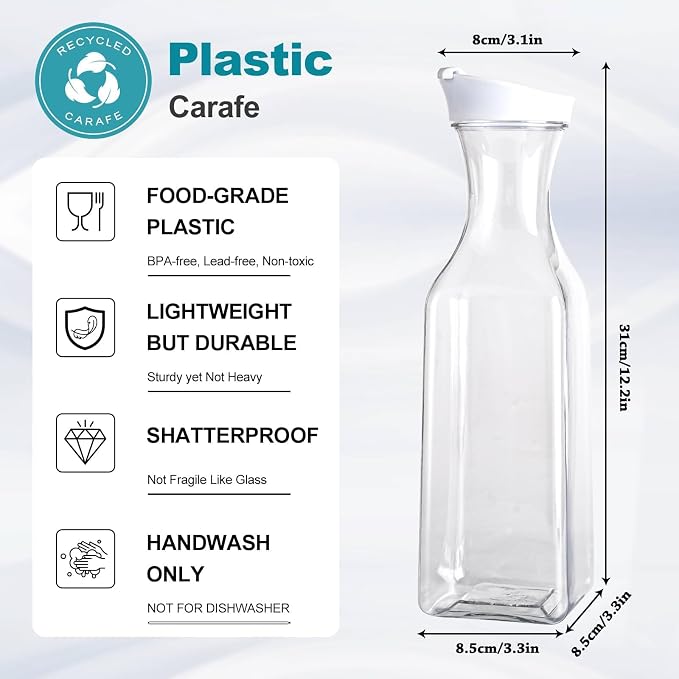 Set of 6 Plastic Carafe with Lid, 50 Oz Carafes for Mimosa Bar Supplies, Square Base Juice Containers, Water Bottle, Milk Container, Clear Beverage Containers for Fridge