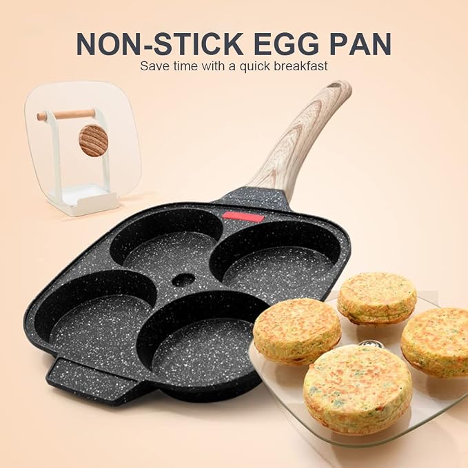 Fried Egg Pan, Nonstick 4 Cups Egg Frying Pan with Lid - Black | Pancake Pan Aluminium Alloy Cooker for Breakfast, Induction Compatible