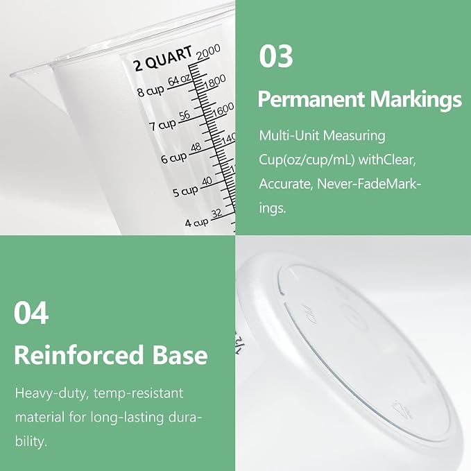 Plastic Measuring Cup with Handle, Pool Chemical Measuring Cup, Measuring Pitcher with Laser-Etched Markings for Liquid Mixing, Pouring, Lawn Care, Motor Oil, Lab Use (64 oz, 2000ml)
