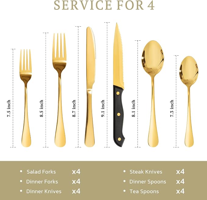 Astercook 24-Piece Silverware Set with Steak Knives Gold Flatware Set for 4 Food-Grade Stainless Steel Cutlery Set Mirror Polished Utensils Set Include Spoons and Forks for Home Kitchen Restaurant