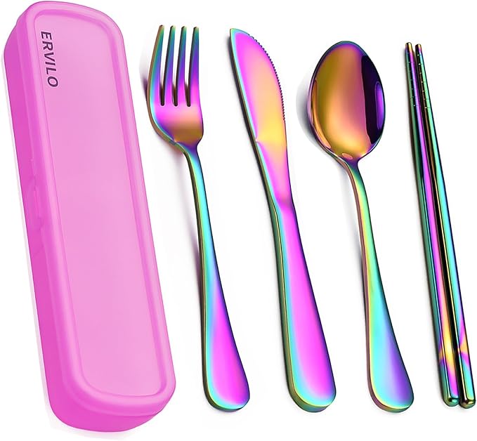 Travel Utensils with Case, Stainless Steel Portable Cutlery Set, Lunch Box Silverware for Work Camping Picnic, Reinforced Case with Snap-Lock Closure, Include Fork Spoon Knife Chopsticks, Rainbow