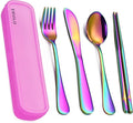 Travel Utensils with Case, Stainless Steel Portable Cutlery Set, Lunch Box Silverware for Work Camping Picnic, Reinforced Case with Snap-Lock Closure, Include Fork Spoon Knife Chopsticks, Rainbow