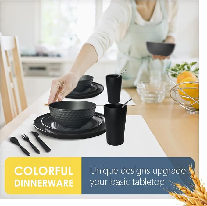 Teivio 32-Piece Plates and Bowls Sets for 8, with Flatware Dinnerware Sets | 13.5oz Cups, Plastic Wheat Straw Unbreakable Dish Set, Dishwasher Safe, for Outdoor Camping RV Essentials Plate Set, Black