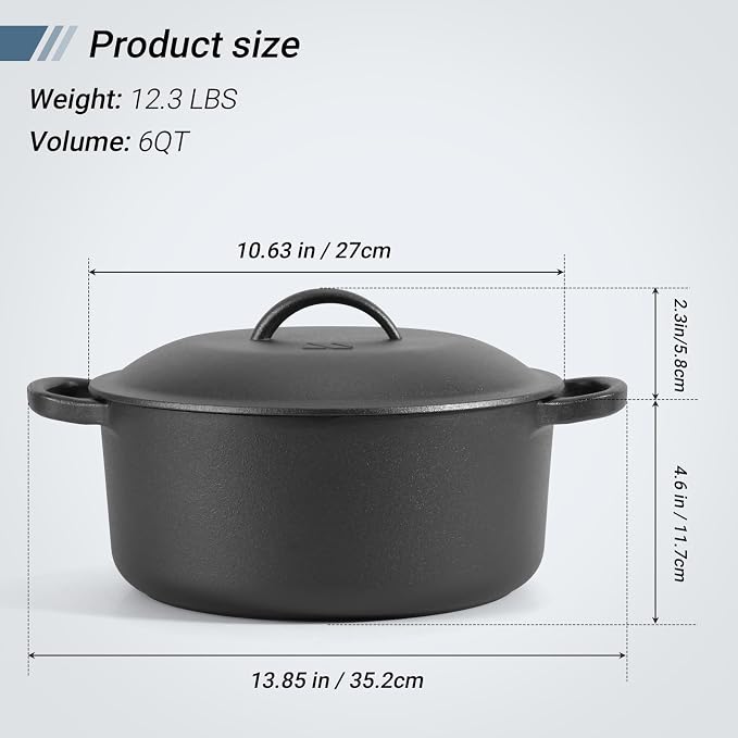 Northriver Casting 6 QT Basics Cast Iron Dutch Oven Pot with Lid and Dual Handles, Oven Safe up to 500°F Large Cooking Pan,Bread Oven