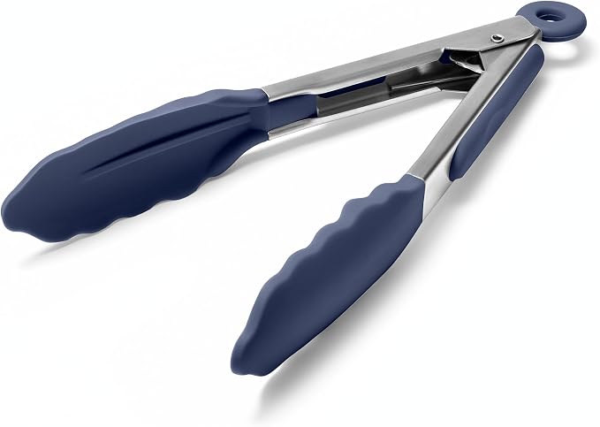 Doosu Kitchen Tongs with Silicone Tips for Cooking Serving (7in, Navy Blue) | 600°F Heat Resistant Food Tong, Heavy Duty Stainless Steel Locking Tong for BBQ, Grilling Steak, Salad, Toast, Pasta