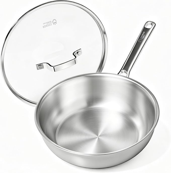 COOKER KING 10" Wok Pan with Lid, Stainless Steel Deep Skillet for Stir-Fry | Non-Toxic Uncoated Cookware, Flat Bottom, Oven Safe, Induction Ready, Stay-Cool Handle, 3-Ply Stainless Steel Clad