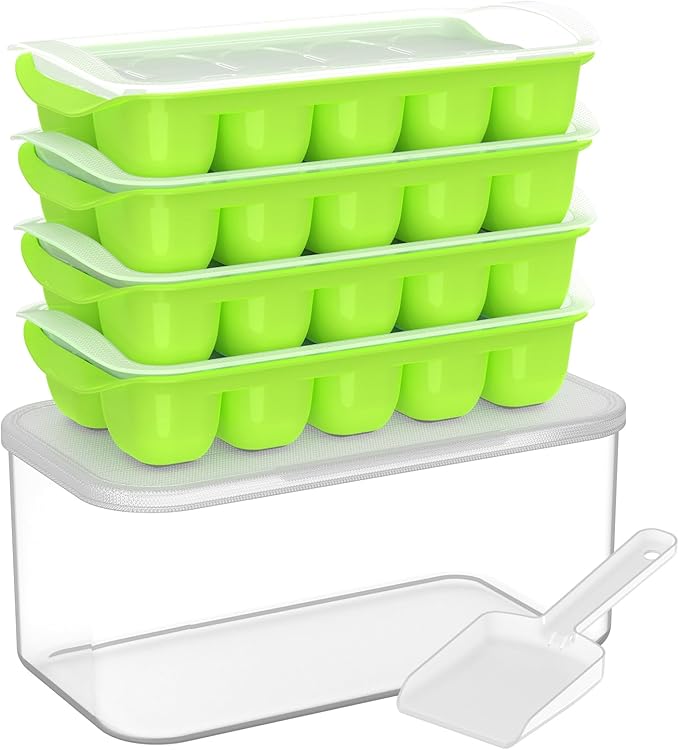 DOQAUS Ice Cube Tray with Lid and Bin, 4 Pack Ice Bucket Kits for RV | Stackable Silicone Ice Trays for Freezer, Easy Pop Out, BPA Free for Cocktail, Coffee, Soup, Food, Kitchen