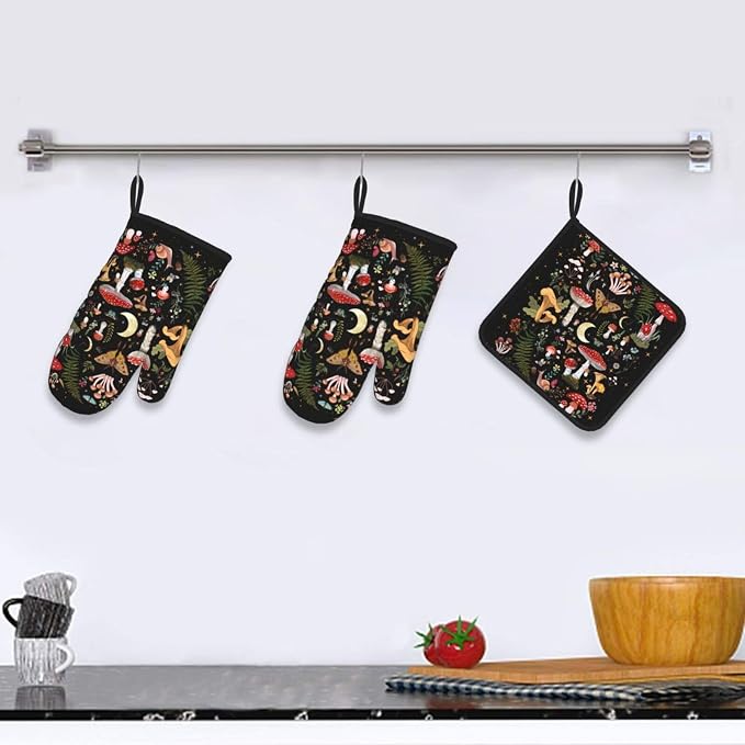 Black Mushroom Oven Mitts and Pot Holders Sets of 3 Witchy Hot Pads | Heat Resistant Oven Gloves for Cooking Grilling Baking Kitchen Decor Aesthetic, Witchy Gifts Mushroom Gifts for Women