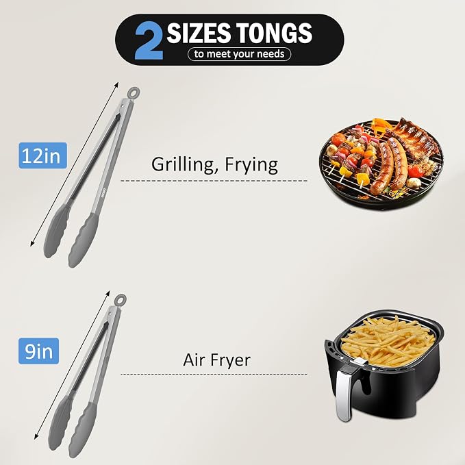 Tongs for Cooking, 600ºF High Heat-Resistant Stainless Steel Kitchen Tongs with Silicone Tips, Non Scratch, Locking Tong for BBQ Grilling Air Fryer Food Salads, Set of 2 (9" and 12") Light Grey