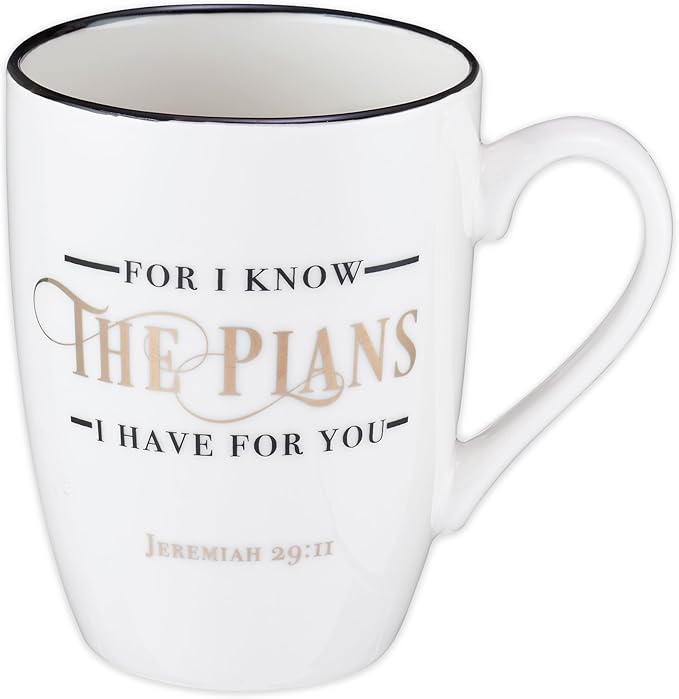Christian Art Gifts Inspirational Ceramic Coffee & Tea Scripture Mug for Men, Women & Grads: Know The Plans Encouraging Bible Verse, Lead & Cadmium-free Non-Toxic Novelty Cup, White/Black/Gold, 12 oz.