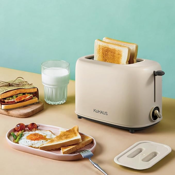 KuHAUS Retro 2 Slice Toaster, 6 Browning Control, Dust Cover, Removable Crumb Tray, Cord Storage, Vintage Design for Bread & Waffles (Ivory)